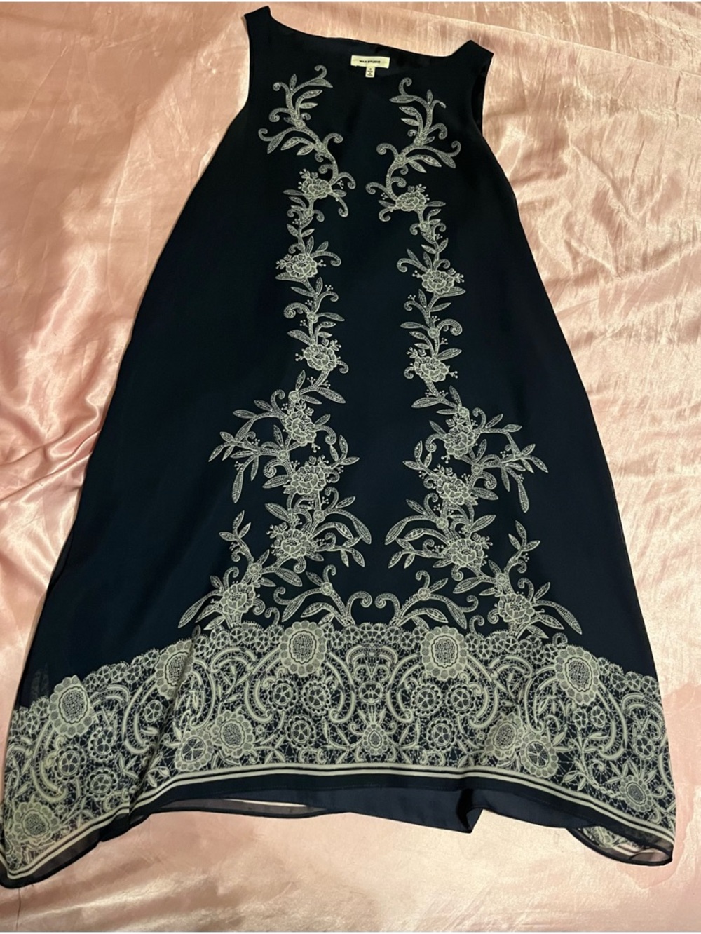 Max Studio Dark Blue Embroidered Floral A-Line Sleeveless Dress